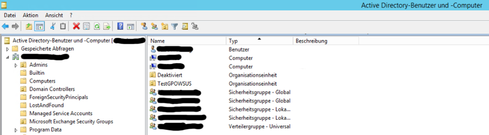 Screenshot von dem Tool Active-Directory-Benutzer und -Computer in dem die
verschiedenen Objekt Typen sichtbar sind