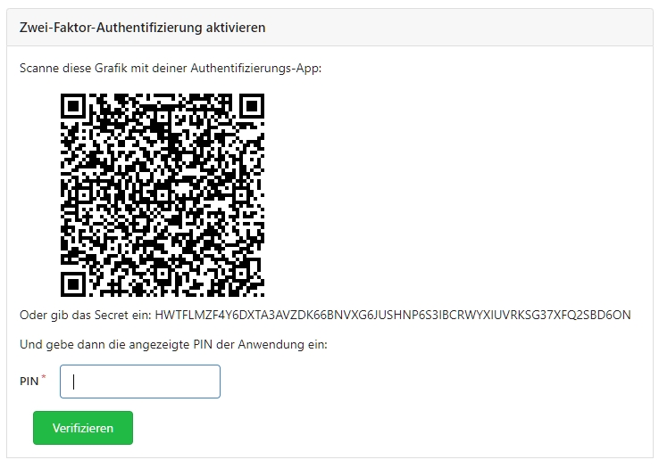 Screenshot eines Browsers beim Einrichten von Zwei-Faktor-Authentisierung in Gitea. Es wird der QR-Code des Seeds und aller Parameter angezeigt, sowie der Seed in Base32 Kodierung. Darunter ist ein Eingabefeld zum Testen eines Einmalpassworts