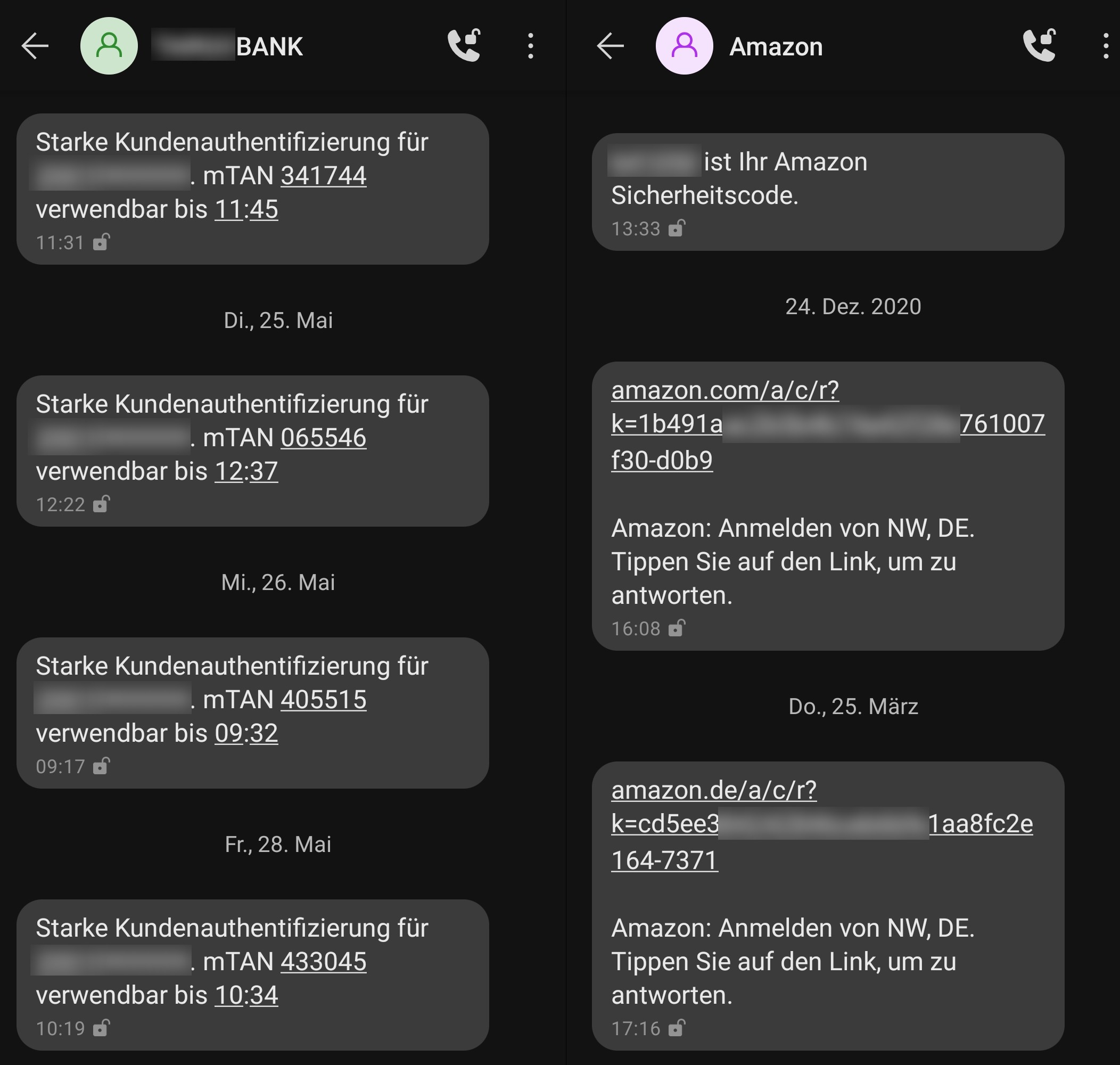 Zwei nebeneinanderliegende Screenshot einer SMS-App. Links mTANs einer Bank als zweiter Faktor bei Kreditkartenzahlungen mit einer Gültigkeit von je 15 Minuten, rechts mTANs von Amazon bei einer neuen Anmeldungen mit einem Link zum Bestätigen.