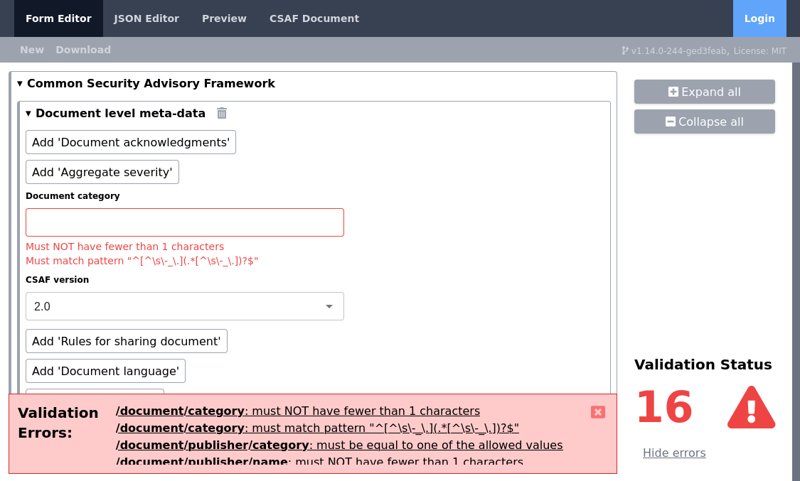 Screenshot vom BSI Secvisogram CSAF 2.0 Web Editor